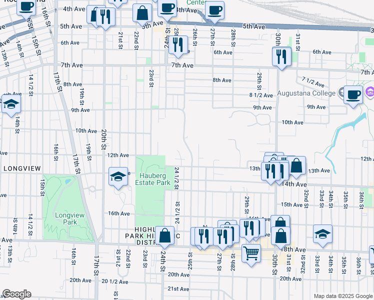 map of restaurants, bars, coffee shops, grocery stores, and more near 1103 25th Street in Rock Island