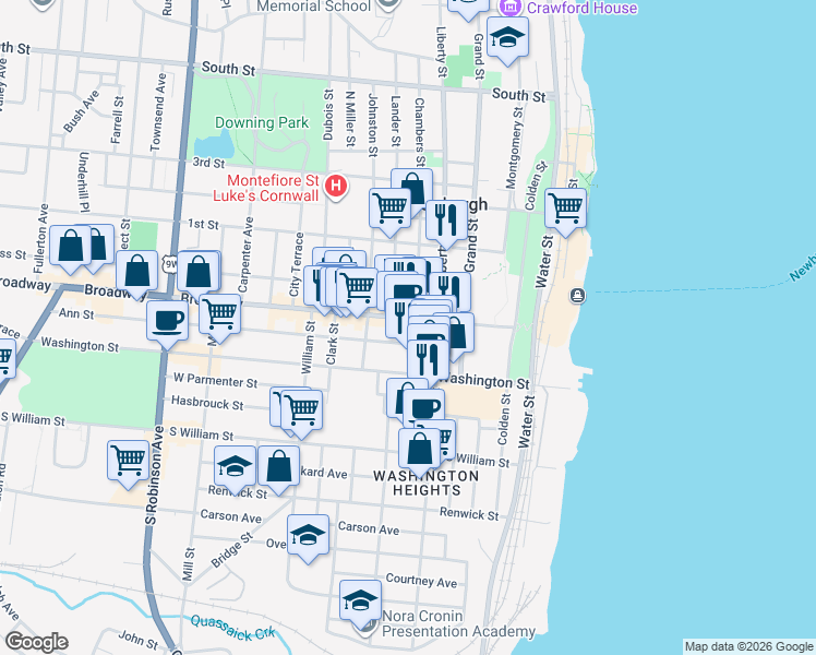 map of restaurants, bars, coffee shops, grocery stores, and more near 119 Broadway in Newburgh