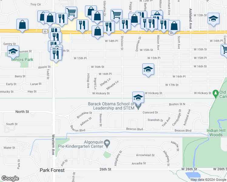 map of restaurants, bars, coffee shops, grocery stores, and more near 547 Hickory Street in Chicago Heights
