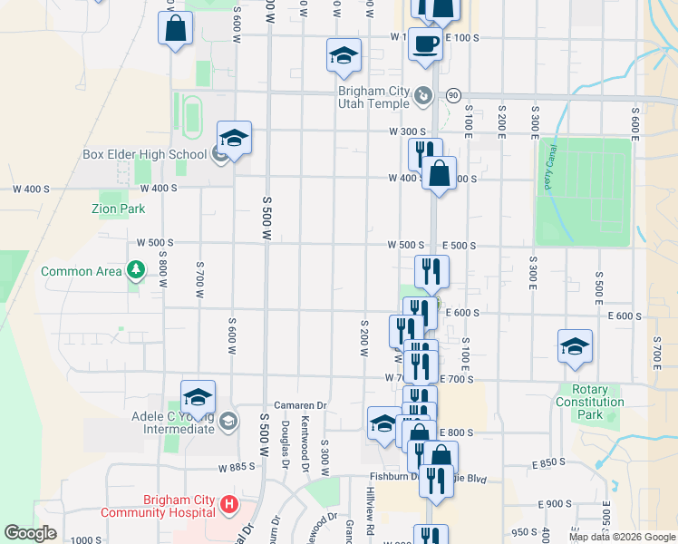 map of restaurants, bars, coffee shops, grocery stores, and more near 505 South 300 West in Brigham City
