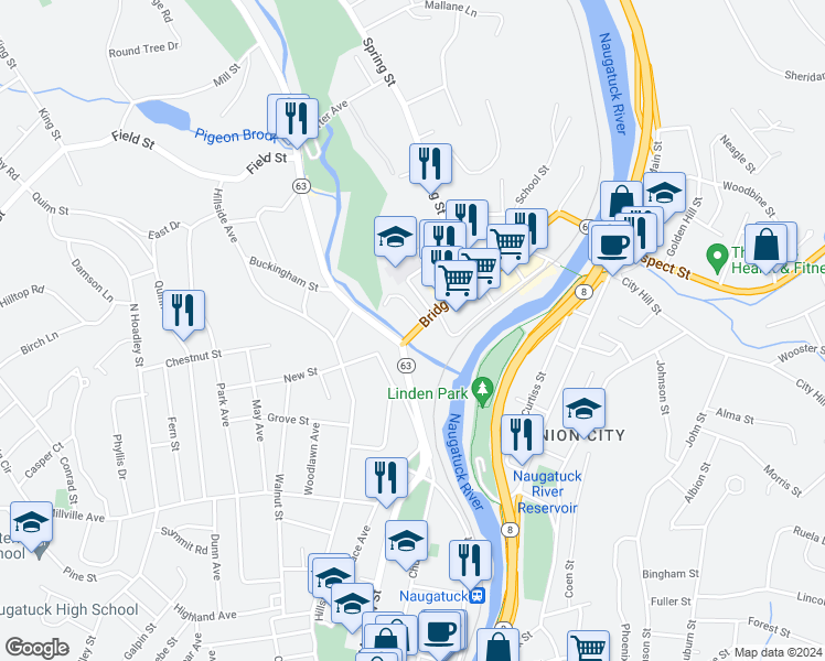 map of restaurants, bars, coffee shops, grocery stores, and more near 10 Crown Street in Naugatuck