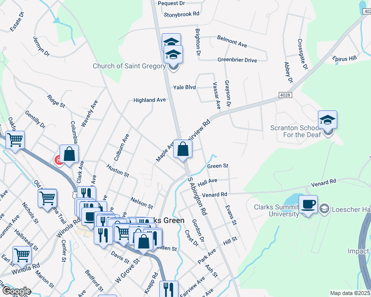 map of restaurants, bars, coffee shops, grocery stores, and more near 111 Fairview Rd in Clarks Green