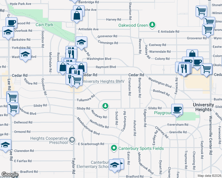 map of restaurants, bars, coffee shops, grocery stores, and more near 3605 Cedarbrook Road in Cleveland Heights