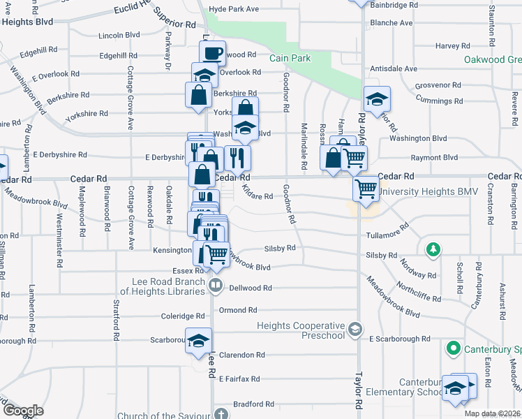 map of restaurants, bars, coffee shops, grocery stores, and more near 3267 Kildare Road in Cleveland Heights