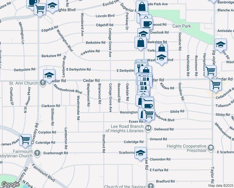 map of restaurants, bars, coffee shops, grocery stores, and more near 2175 Rexwood Road in Cleveland Heights