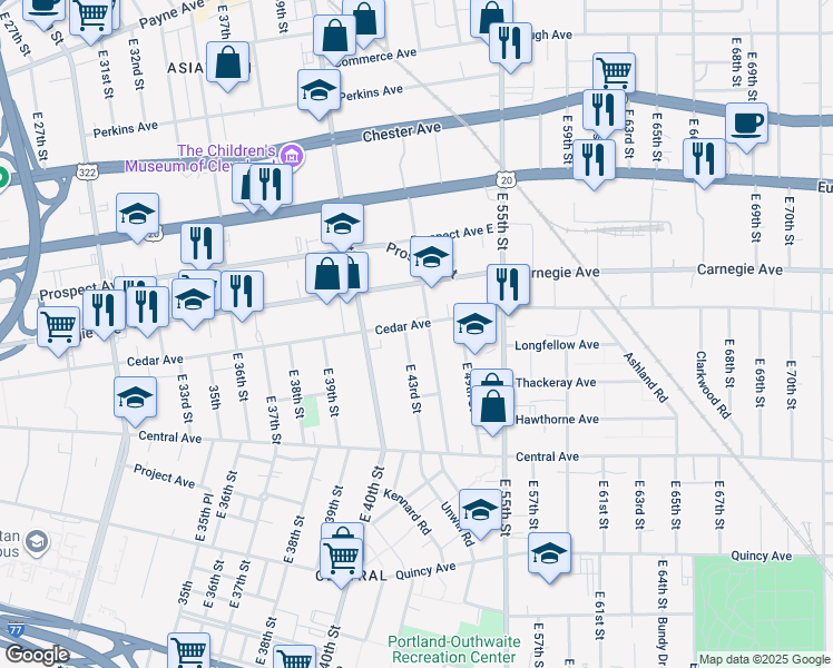 map of restaurants, bars, coffee shops, grocery stores, and more near 4303 Cedar Avenue in Cleveland