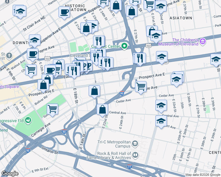 map of restaurants, bars, coffee shops, grocery stores, and more near 2308 Prospect Avenue East in Cleveland