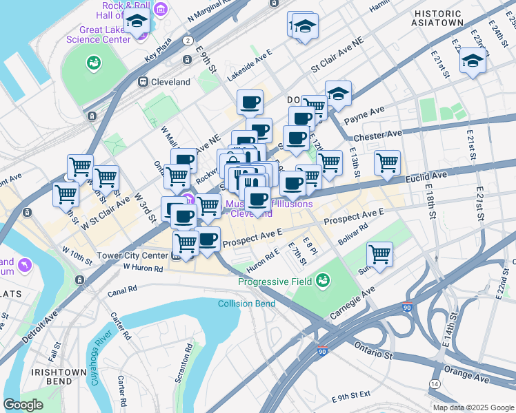map of restaurants, bars, coffee shops, grocery stores, and more near 1900 East 6th Street in Cleveland
