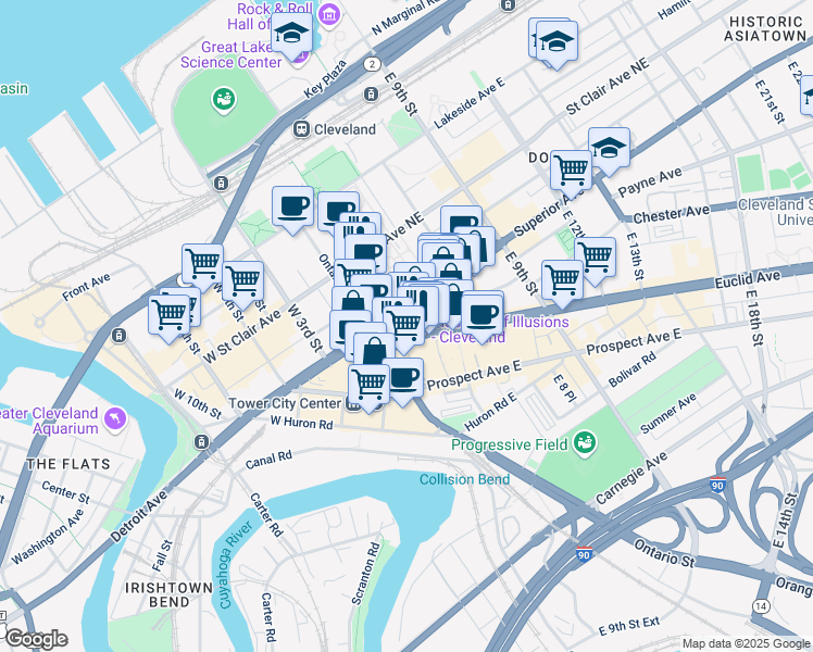 map of restaurants, bars, coffee shops, grocery stores, and more near 206 East Roadway in Cleveland