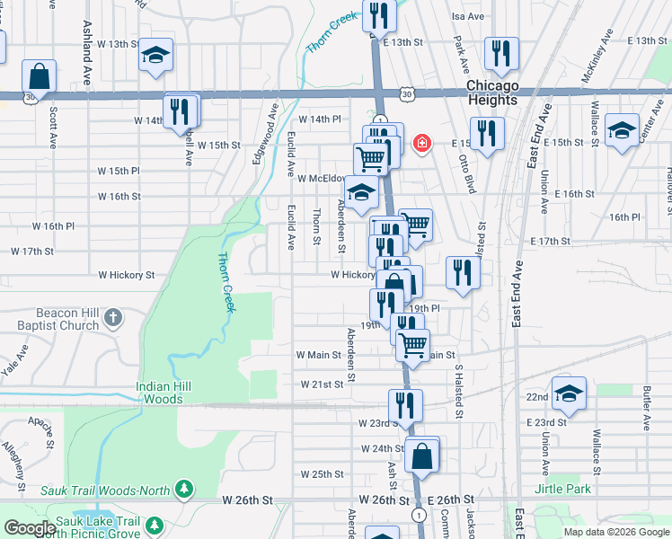 map of restaurants, bars, coffee shops, grocery stores, and more near 1653 Thorn Street in Chicago Heights