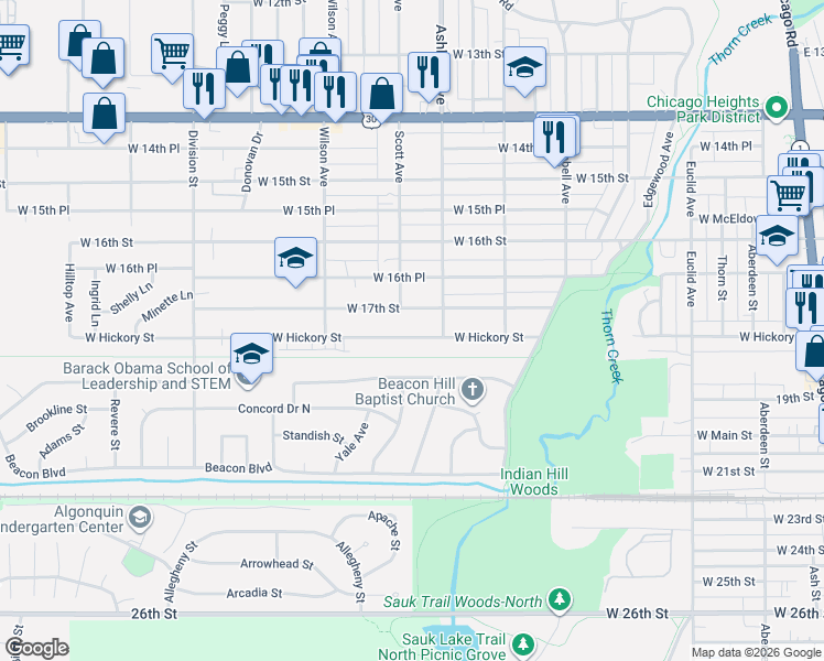 map of restaurants, bars, coffee shops, grocery stores, and more near 343 West 17th Street in Chicago Heights