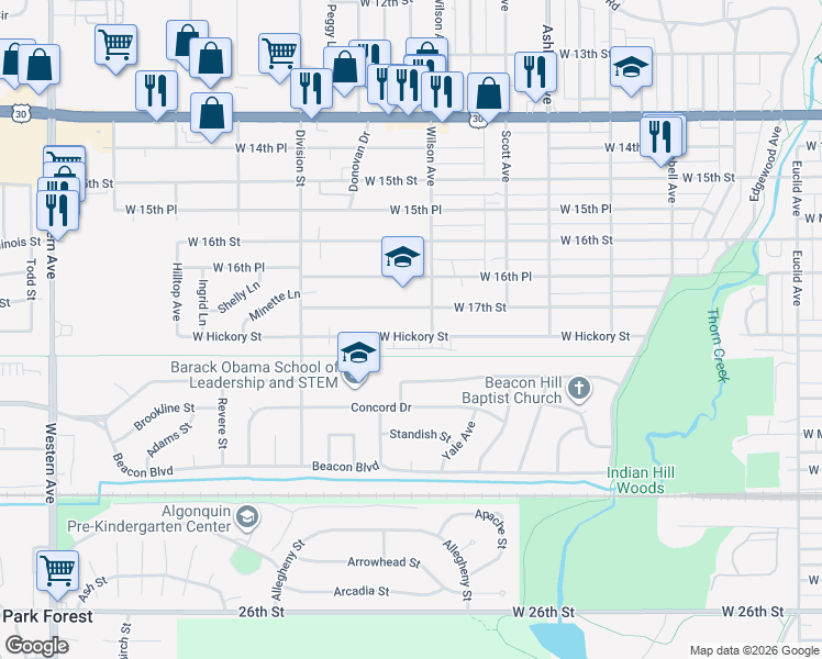 map of restaurants, bars, coffee shops, grocery stores, and more near 403 West 17th Street in Chicago Heights