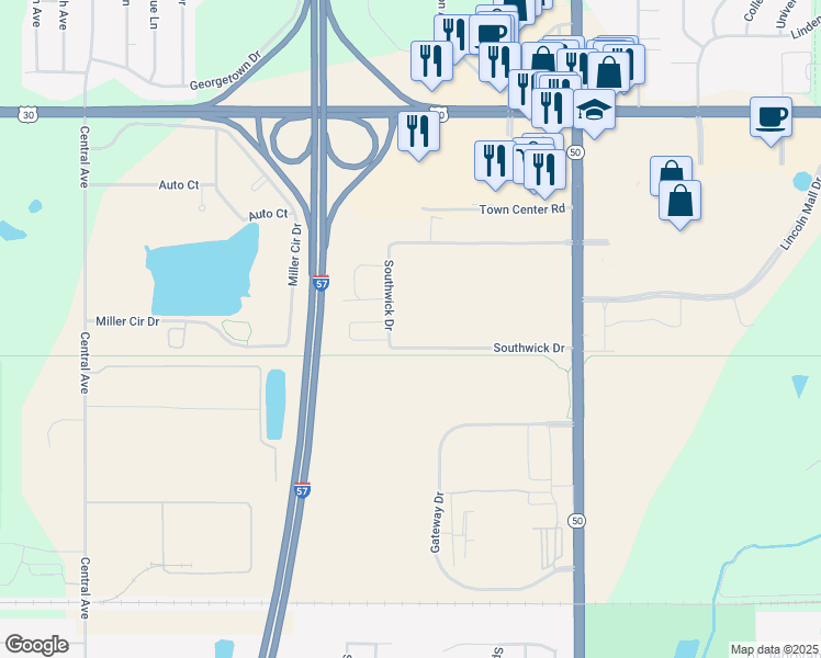 map of restaurants, bars, coffee shops, grocery stores, and more near 5205 Mayfair Lane in Matteson