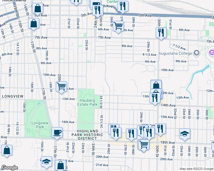 map of restaurants, bars, coffee shops, grocery stores, and more near 1103 25th Street in Rock Island