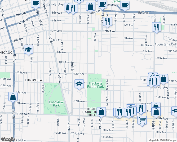 map of restaurants, bars, coffee shops, grocery stores, and more near 1016 23rd Street in Rock Island