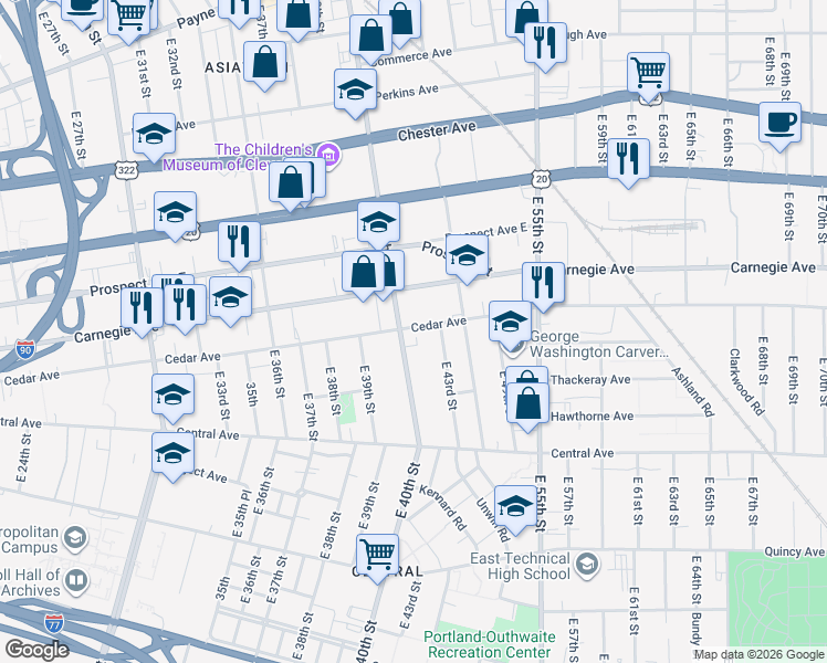 map of restaurants, bars, coffee shops, grocery stores, and more near 2109 East 40th Street in Cleveland