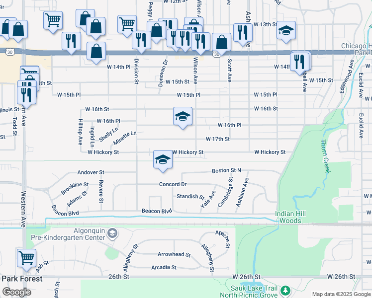 map of restaurants, bars, coffee shops, grocery stores, and more near 403 West 17th Street in Chicago Heights