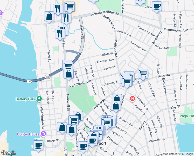 map of restaurants, bars, coffee shops, grocery stores, and more near 4 Armstrong Place in Newport