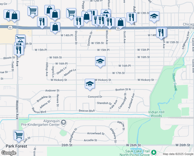map of restaurants, bars, coffee shops, grocery stores, and more near 429 Hickory Street in Chicago Heights