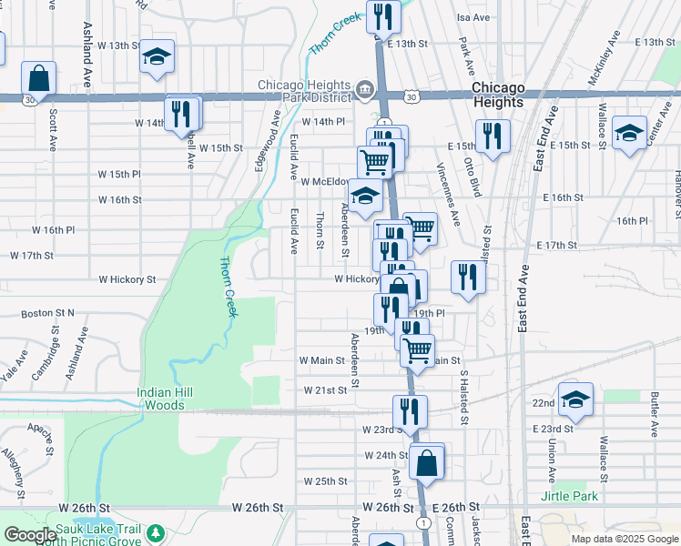 map of restaurants, bars, coffee shops, grocery stores, and more near 63 Hickory Street in Chicago Heights