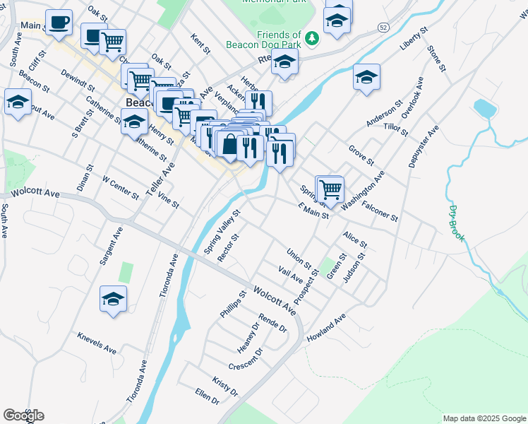map of restaurants, bars, coffee shops, grocery stores, and more near 50 Spring Valley Street in Beacon