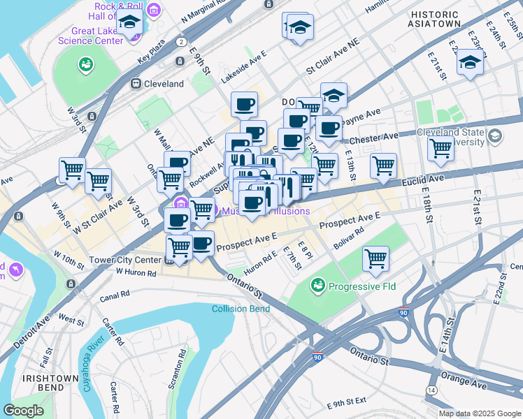 map of restaurants, bars, coffee shops, grocery stores, and more near 600 Euclid Avenue in Cleveland