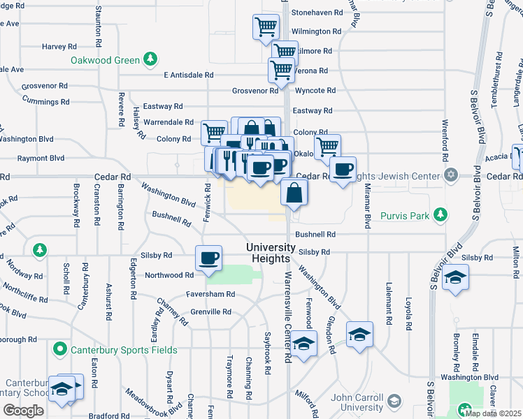 map of restaurants, bars, coffee shops, grocery stores, and more near 13924 Cedar Road in University Heights