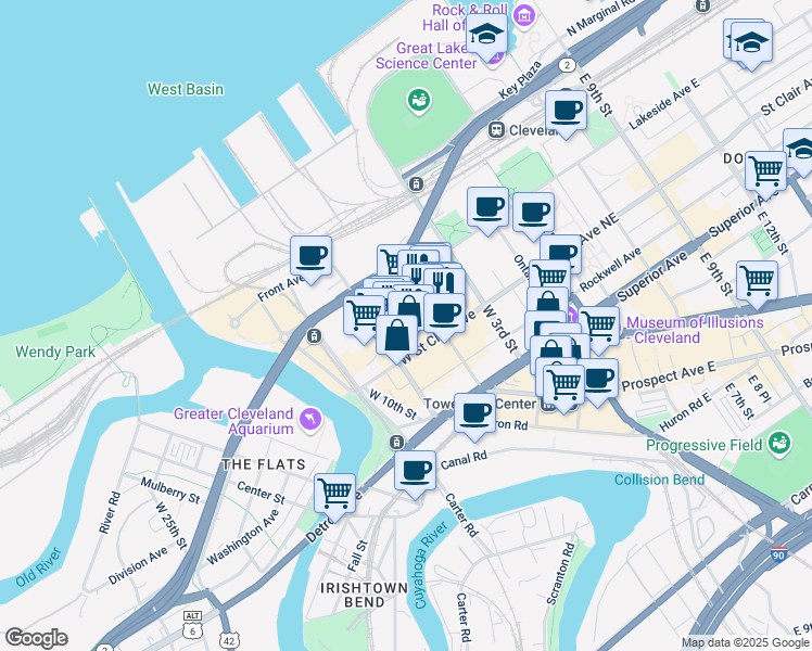 map of restaurants, bars, coffee shops, grocery stores, and more near 711 West Lakeside Avenue in Cleveland