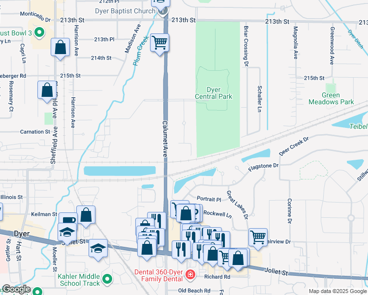 map of restaurants, bars, coffee shops, grocery stores, and more near 1763 Calumet Avenue in Dyer
