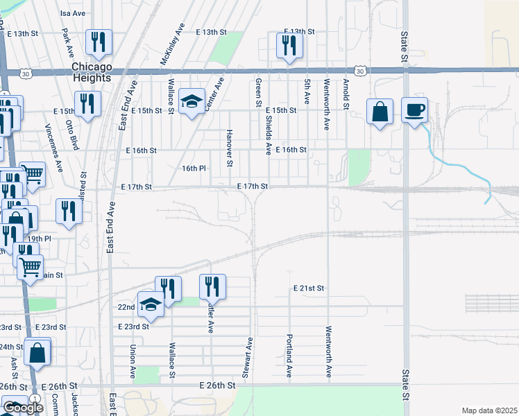 map of restaurants, bars, coffee shops, grocery stores, and more near 259 East 17th Street in Chicago Heights
