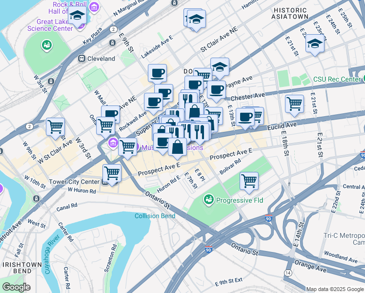 map of restaurants, bars, coffee shops, grocery stores, and more near in Cleveland