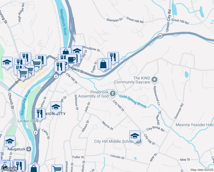 map of restaurants, bars, coffee shops, grocery stores, and more near 68 Sheffield Lane in Naugatuck
