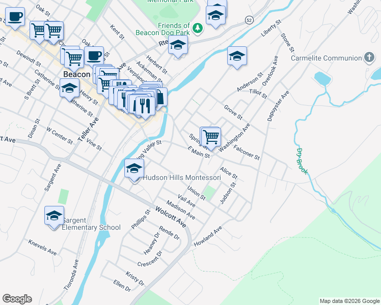 map of restaurants, bars, coffee shops, grocery stores, and more near 17 Spring Valley Street in Beacon