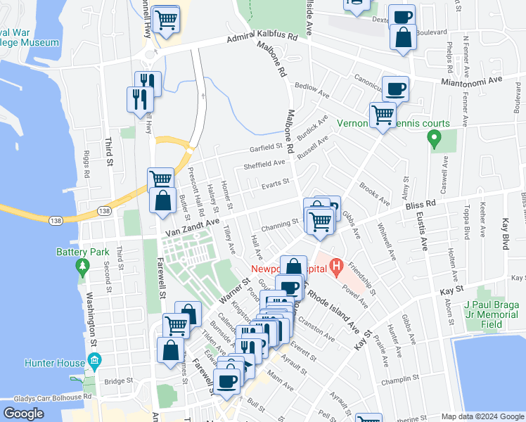 map of restaurants, bars, coffee shops, grocery stores, and more near 125 Van Zandt Avenue in Newport