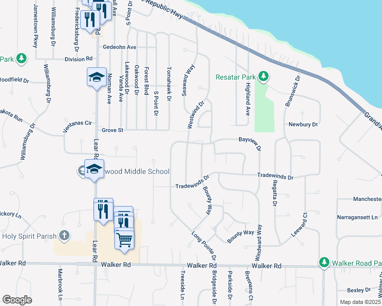 map of restaurants, bars, coffee shops, grocery stores, and more near 307 Long Pointe Drive in Avon Lake