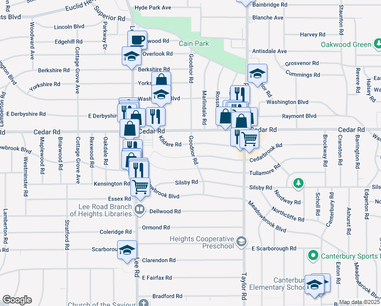 map of restaurants, bars, coffee shops, grocery stores, and more near 2210 Goodnor Road in Cleveland Heights