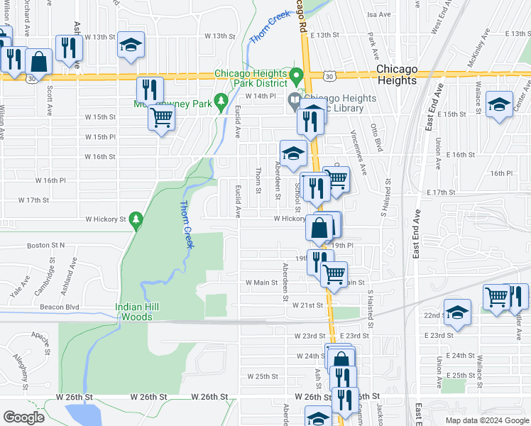 map of restaurants, bars, coffee shops, grocery stores, and more near 73 Hickory Street in Chicago Heights