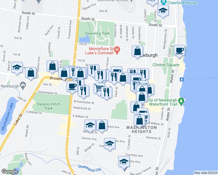 map of restaurants, bars, coffee shops, grocery stores, and more near 6 William Street in Newburgh