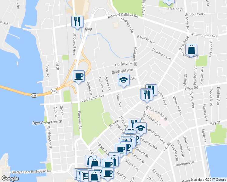 map of restaurants, bars, coffee shops, grocery stores, and more near 110 Van Zandt Avenue in Newport