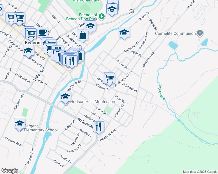 map of restaurants, bars, coffee shops, grocery stores, and more near 7 East Street in Beacon