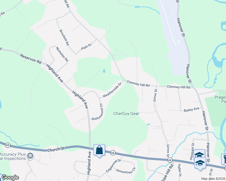 map of restaurants, bars, coffee shops, grocery stores, and more near Weatherside Drive in Wallingford