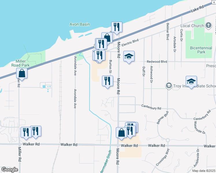 map of restaurants, bars, coffee shops, grocery stores, and more near 181 Somerset Lane in Avon Lake