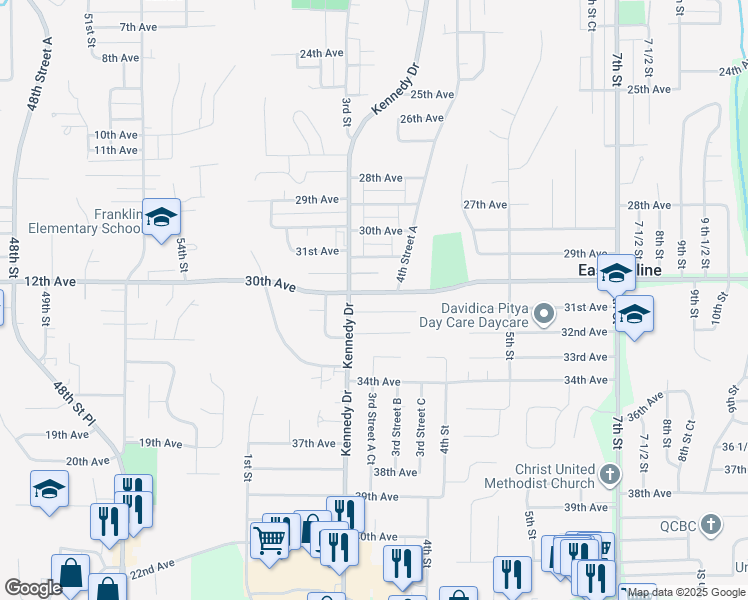 map of restaurants, bars, coffee shops, grocery stores, and more near 426 30th Avenue in East Moline