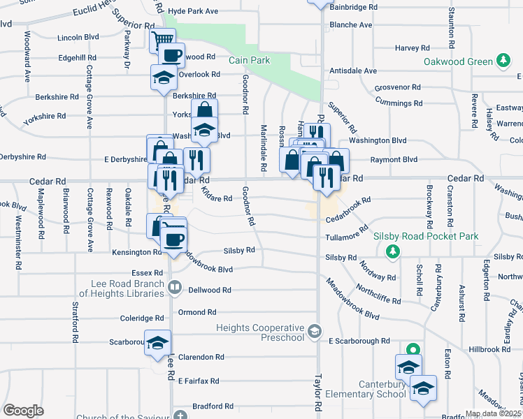 map of restaurants, bars, coffee shops, grocery stores, and more near 3345 Cedarbrook Road in Cleveland Heights