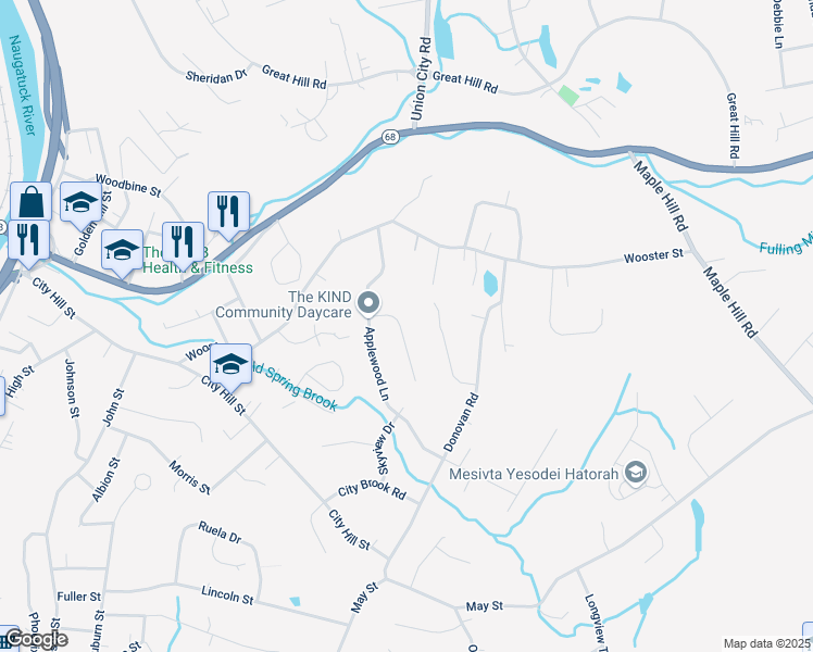 map of restaurants, bars, coffee shops, grocery stores, and more near 32 Tyler Hill Road in Naugatuck