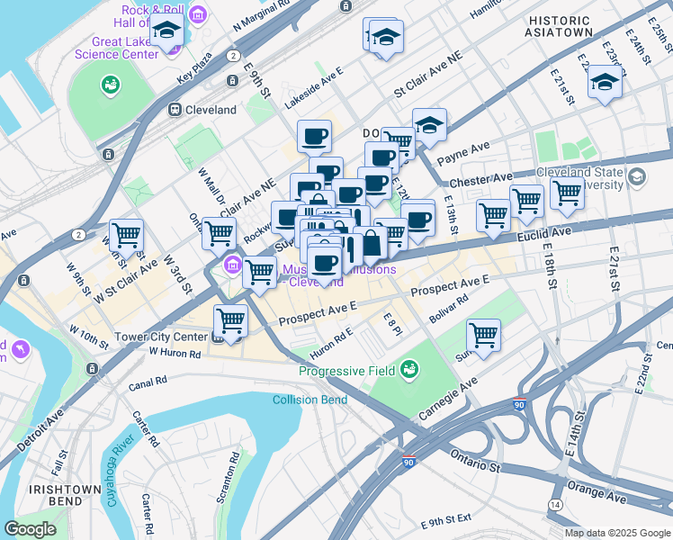 map of restaurants, bars, coffee shops, grocery stores, and more near 600 Euclid Avenue in Cleveland