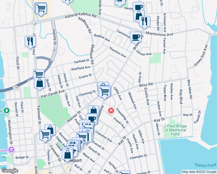 map of restaurants, bars, coffee shops, grocery stores, and more near 12 Arnold Avenue in Newport