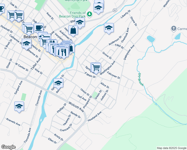 map of restaurants, bars, coffee shops, grocery stores, and more near 7 East Street in Beacon