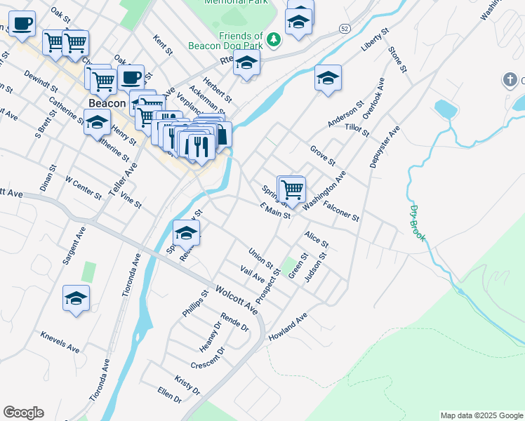 map of restaurants, bars, coffee shops, grocery stores, and more near 17 Spring Valley Street in Beacon