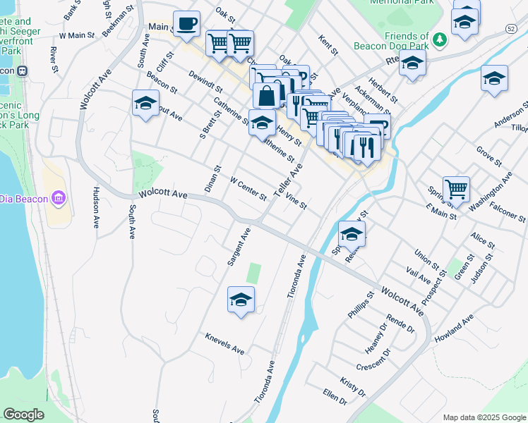 map of restaurants, bars, coffee shops, grocery stores, and more near 39 New York 52 in Beacon